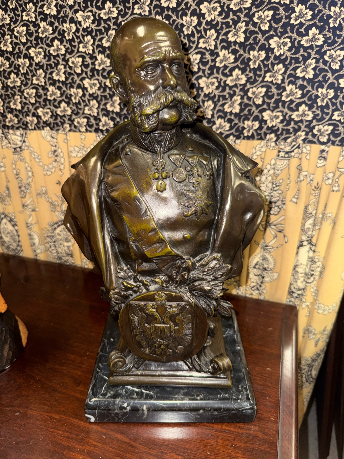 Bronze Bust of Emperor Franz Joseph of Austria on Black Marble Base