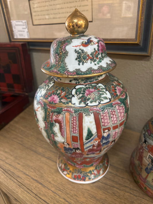 12" Rose Medallion Hand Painted Ginger Jar w/ Lid