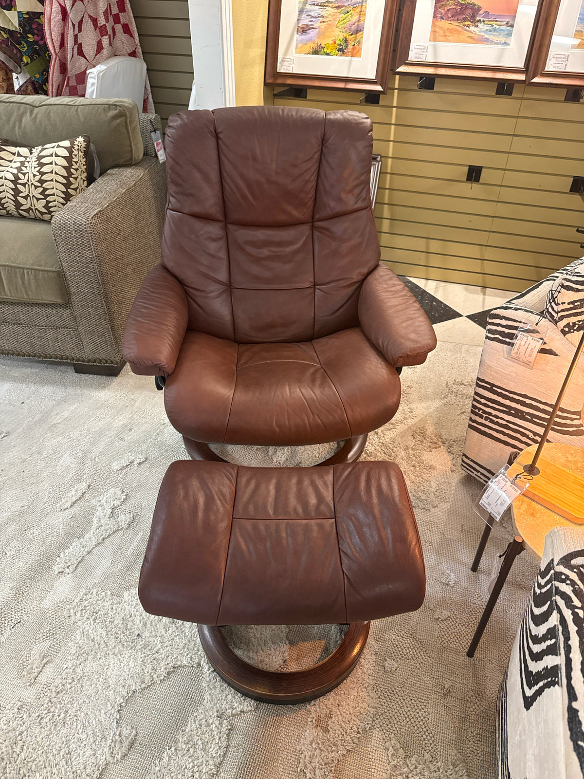 Ekornes Brown Lather Stressles Recliner w/ Ottoman