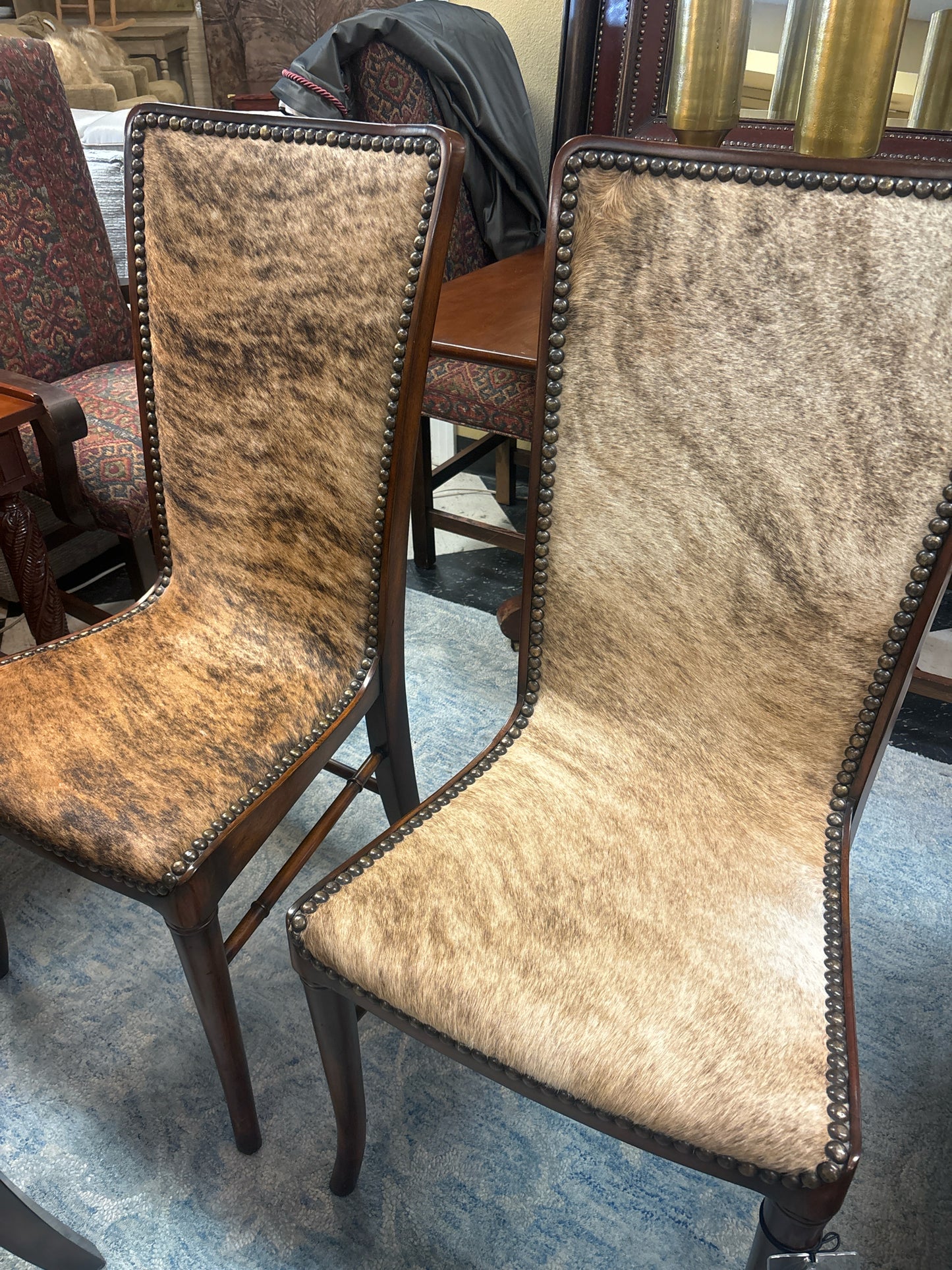 Set of 2 - Theodore Alexander Brown Cowhide & Walnut Chairs