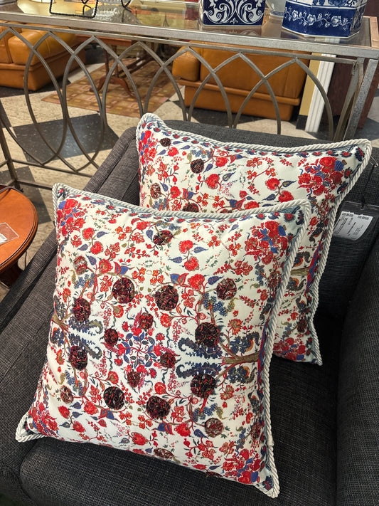 PAIR of "Tree of Life" Pillows w/ Rope Edging and Silk Backs (Red/White/Bl)