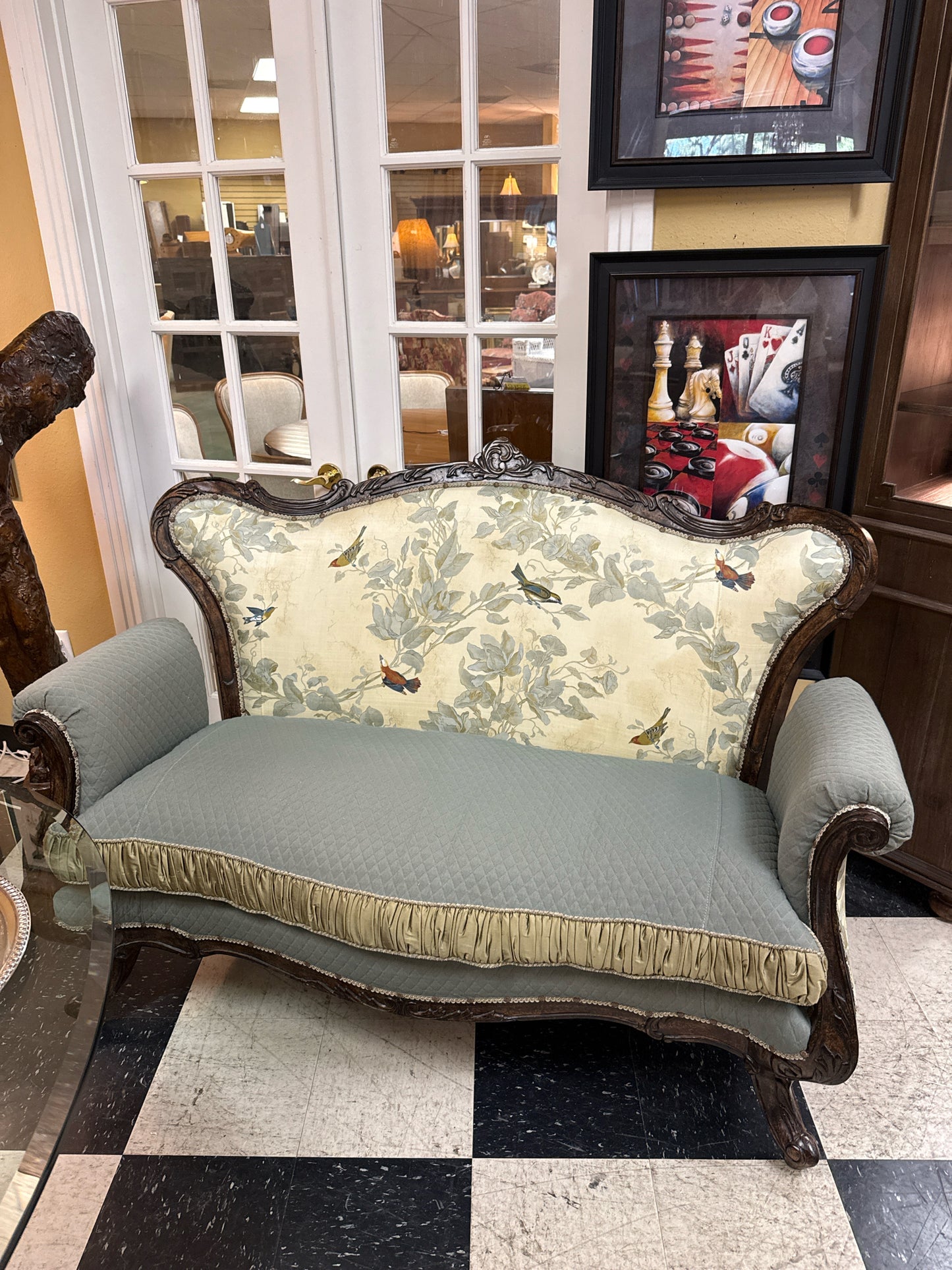 French Revival Parlor Settee-Upholstered/Tufted Blue/Cream/Wood Legs w/Mock