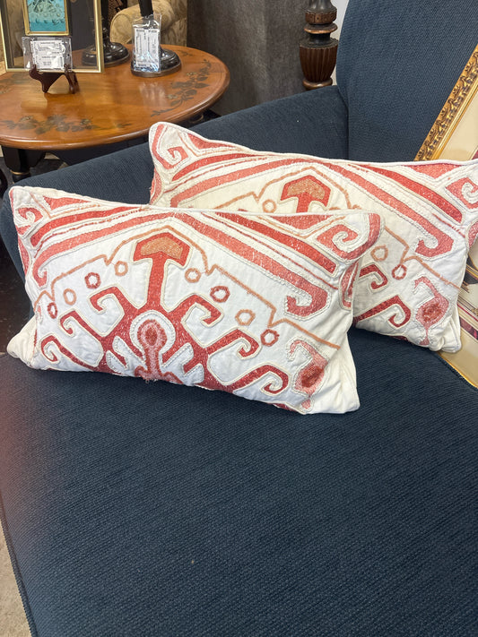 PAIR of Coral & White Lumbar Pillows w/ Beading & Stitchwork
