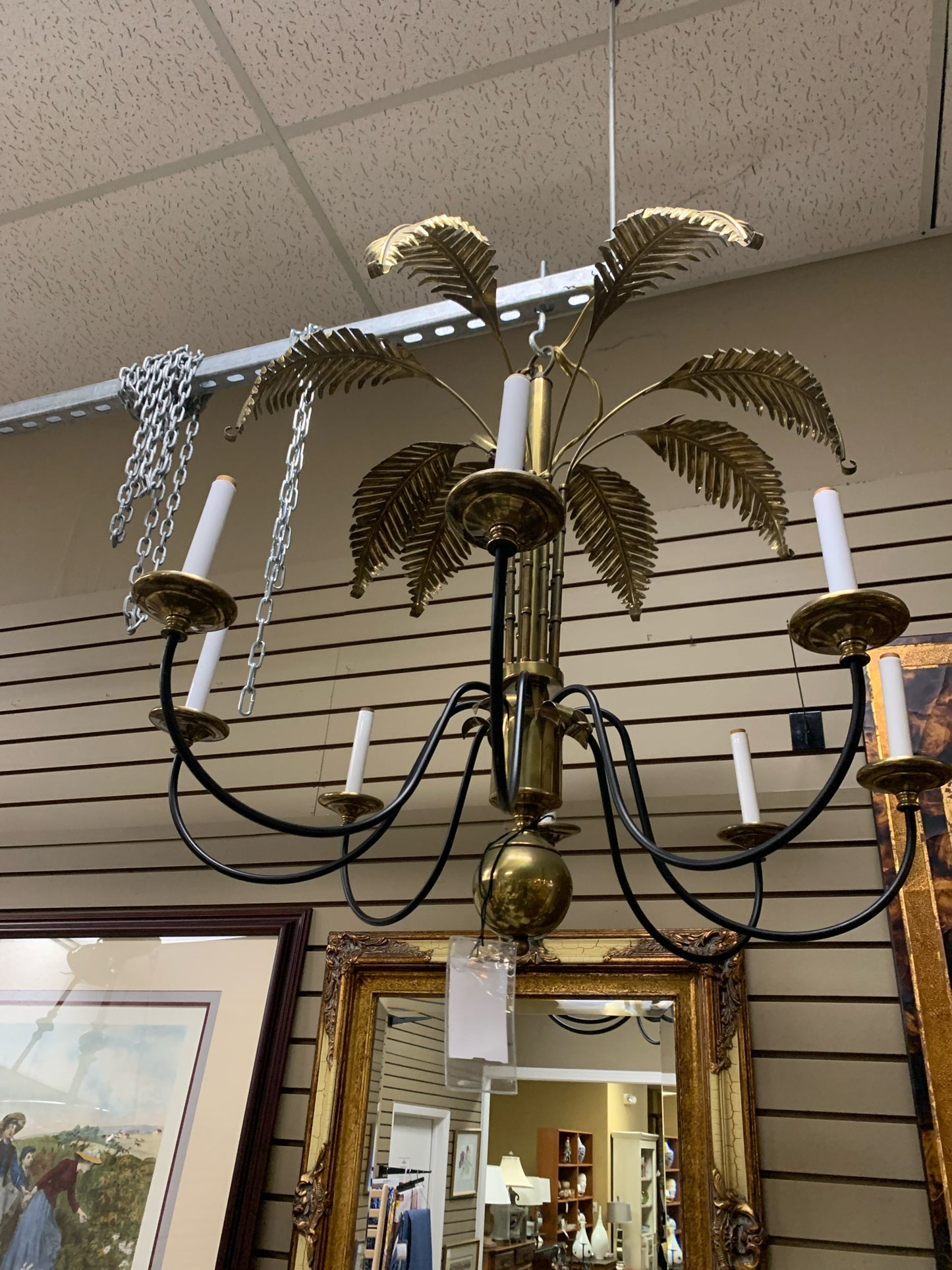 Vintage - Regency Palm Leaves Black & Brass 8 Arms (Black Shades @ Counter)