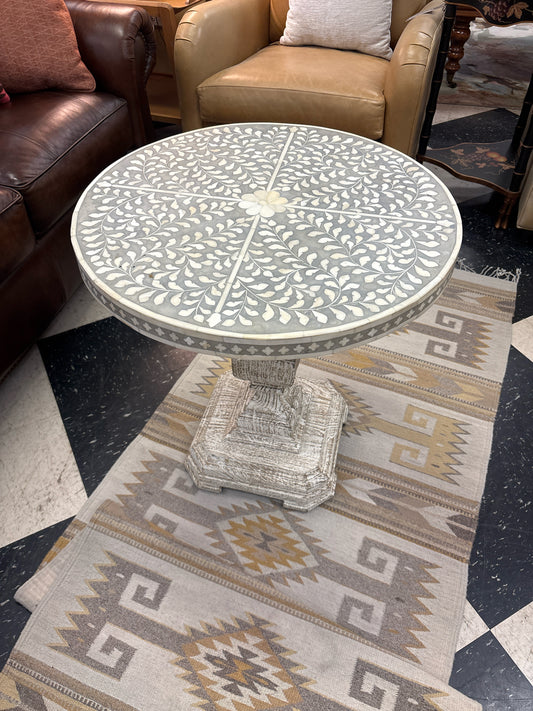 Round Side Table w/ Inlaid Bone Top & Hand Carved Mango Wood Base