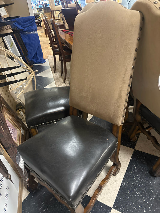 SET of 4 Faux Black Leather & Suede Dining Chairs w/ Lg Nailheads