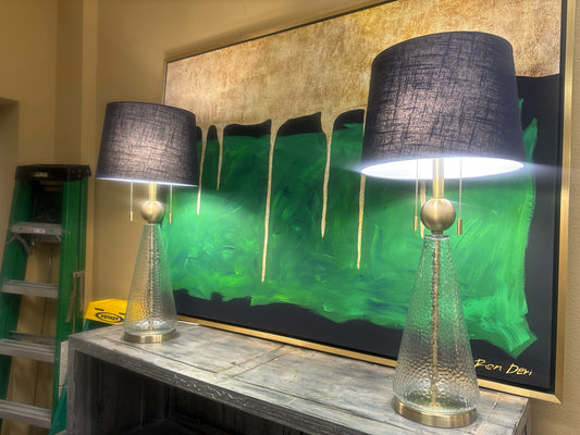 PAIR of Contemporary Hammered Glass Lamps w/ Navy Blue Linen Shades
