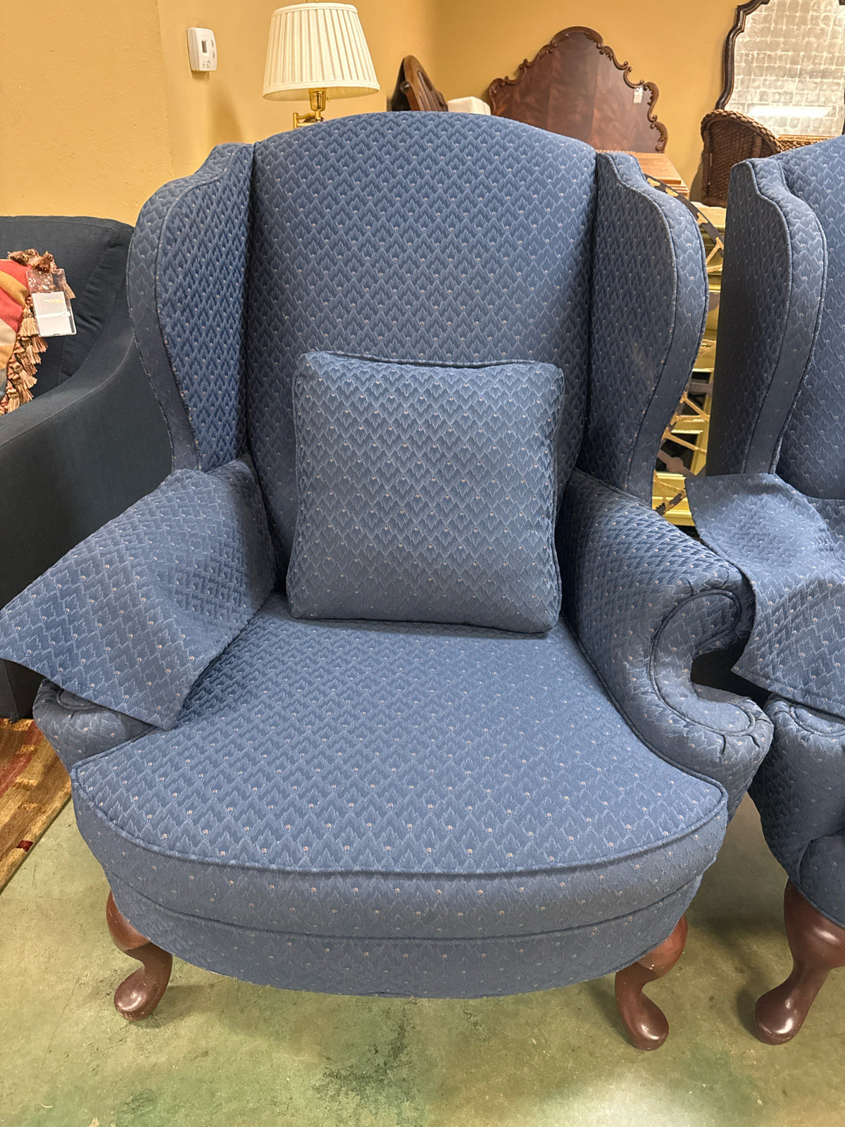 Norwalk- Blue Upholstered High-Back Arm Chairs-w/Queen-Anne Legs/Pillow Matching