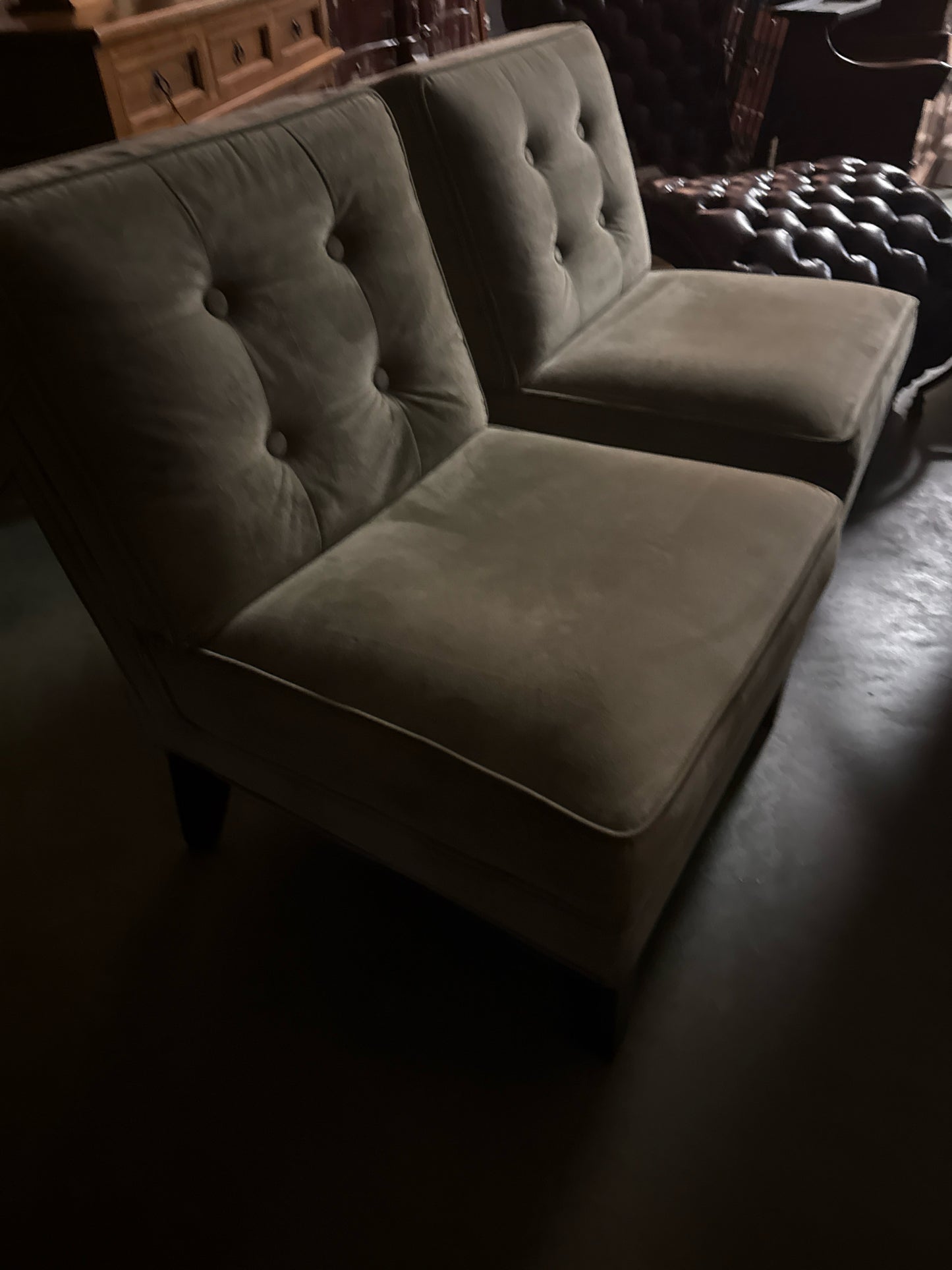 Pair Sage Green Velvet Button-Tufted  Armless Slipper Chairs