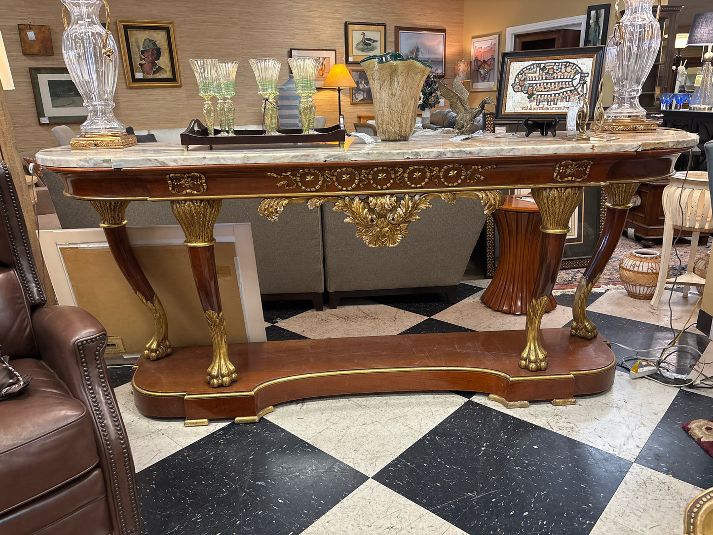 Antique Mahogany Ornate Sideboard w/Marble Top Gilt & Gold Accents w/Claw Feet