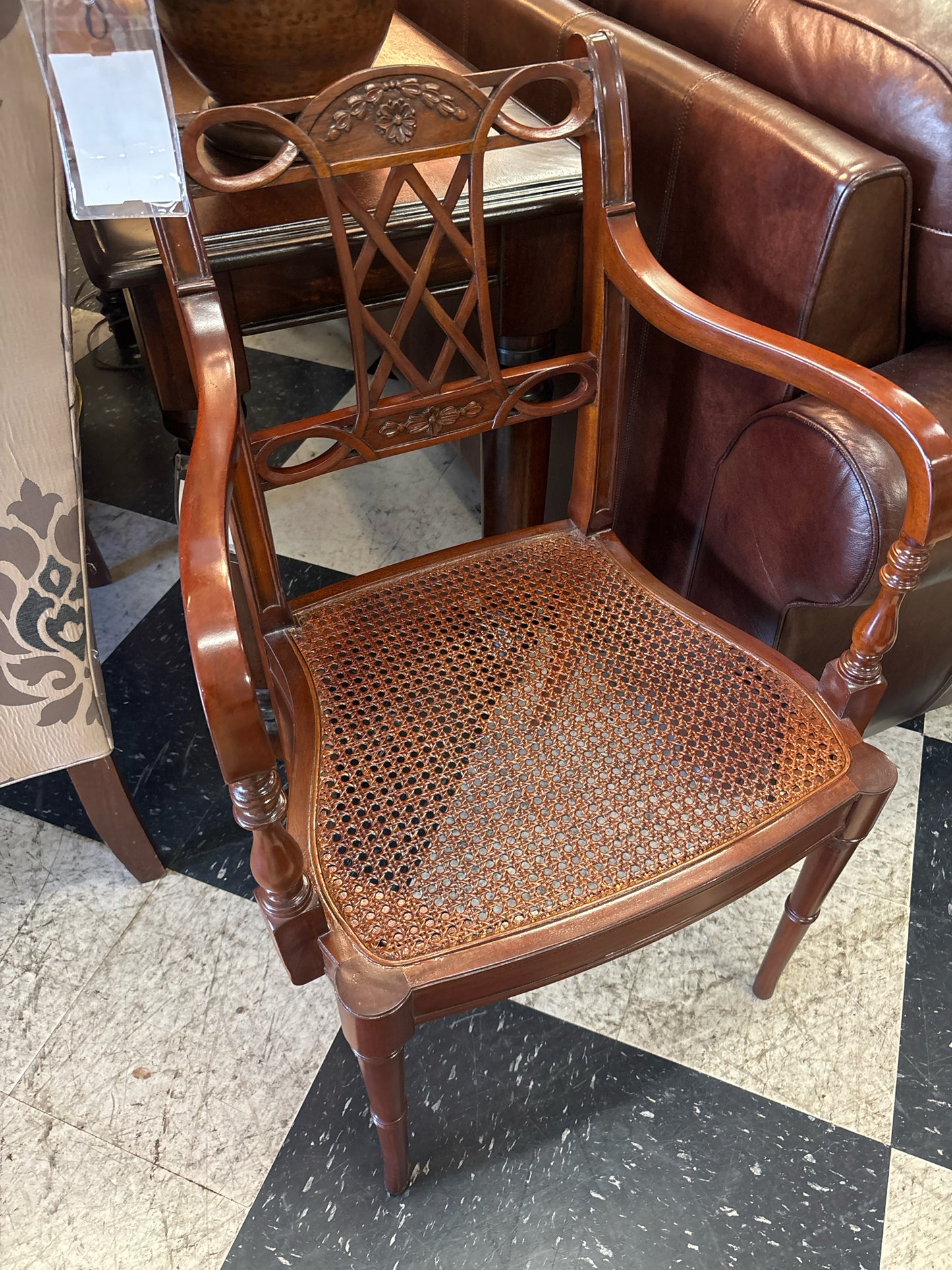 Wood Arm Chair w/ Cane Seat & Brown Leather Cushion