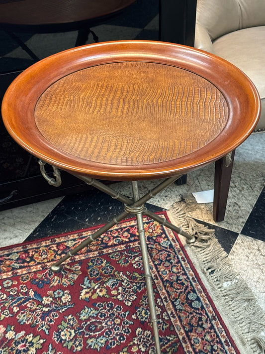 Round Side Table w/ Crocodile Embossed Top on Metal Bamboo Legs