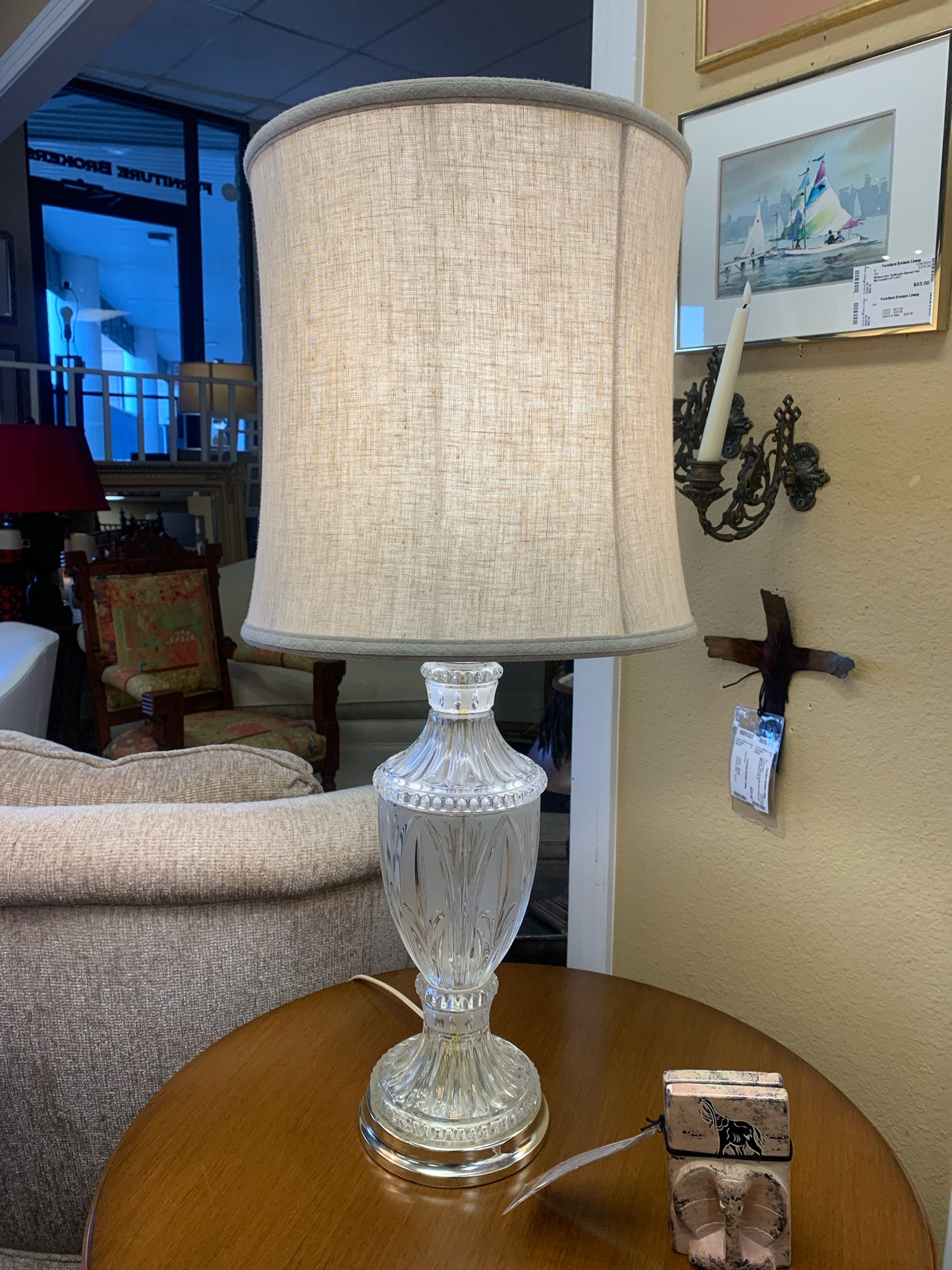 Antique Crystal Light w/ Linen Tailor Made Shade 31"