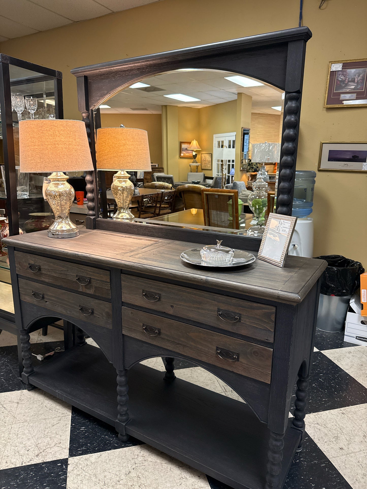 Grey Hutch w/Oversized Mirror & 4 Drawers w/Antique Black Finished Legs
