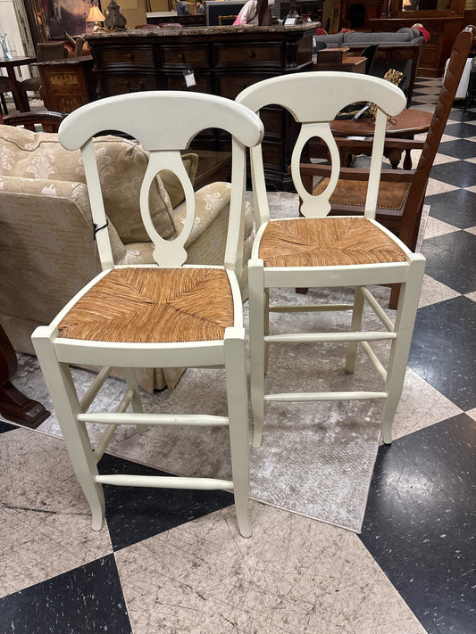 Pair Pottery Barn Napoleon Barstool Woven Rush Seat - Counter heigh- Ivory