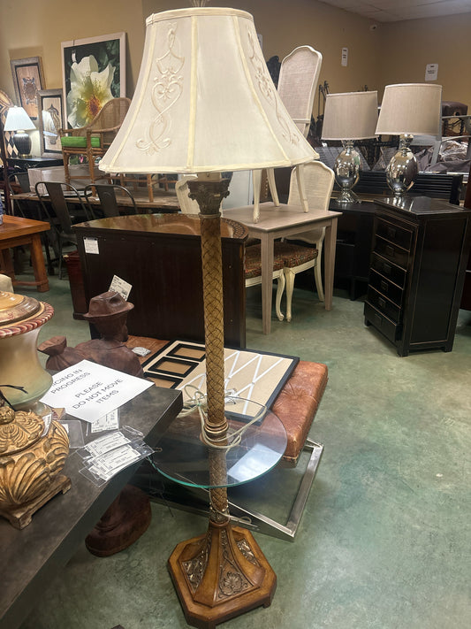 Antique Floor Lamp w/ Glass Shelf & Silk Shade