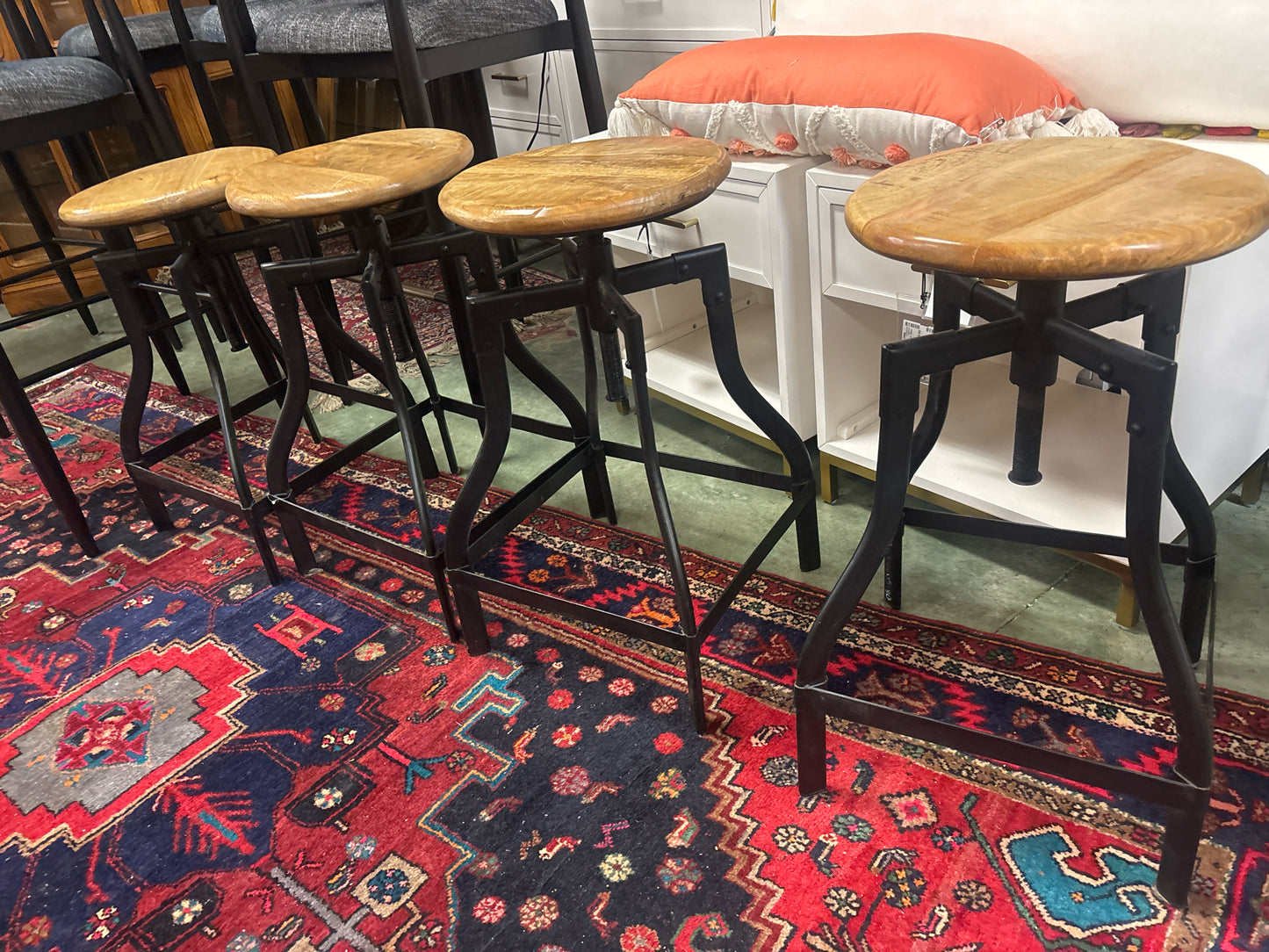 SET of 4 Swivel Round Counter Stools w/Wood Top & Metal Base