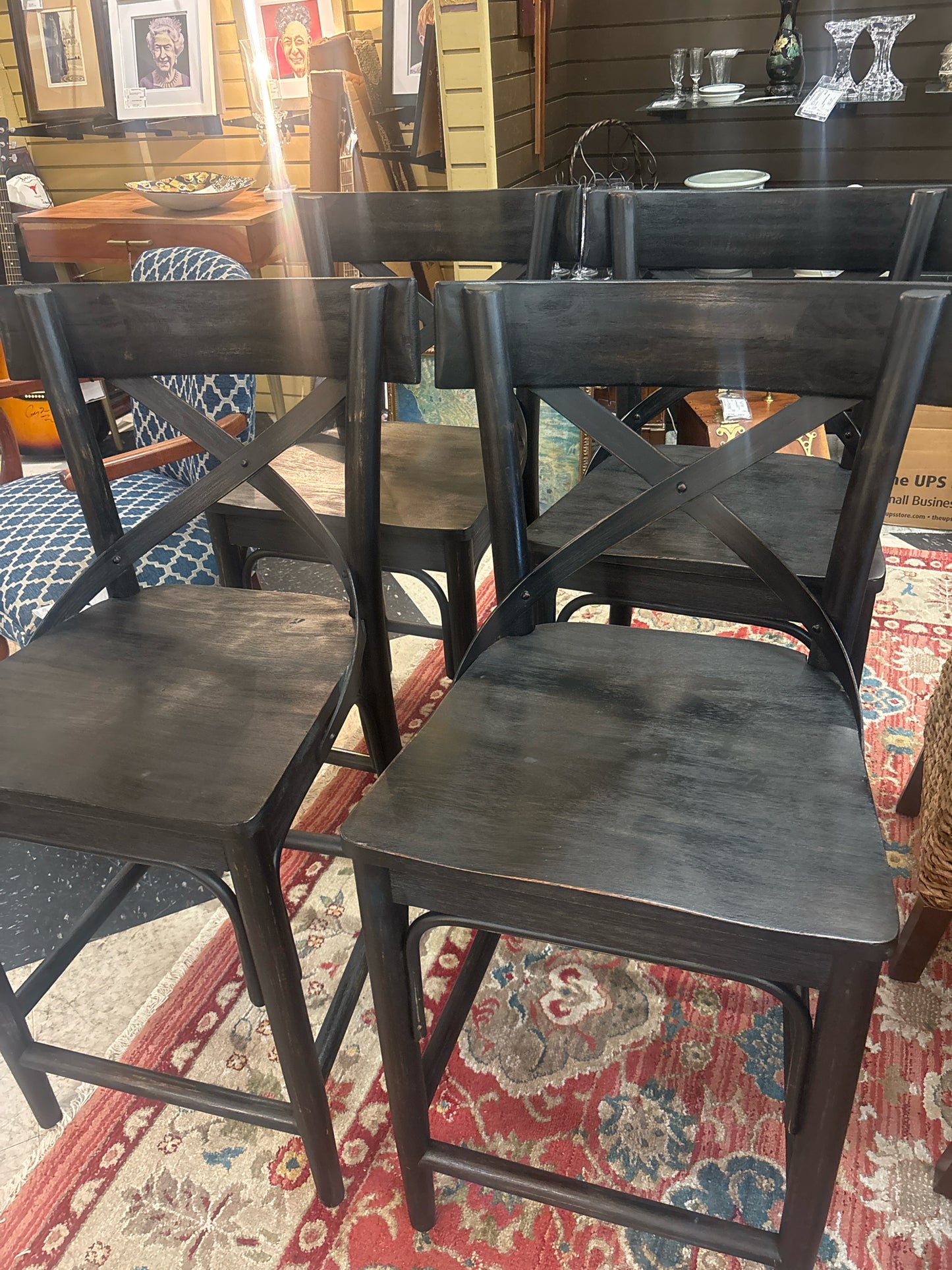 SET 4 World Market Black Bistro Distressed Counter Stools