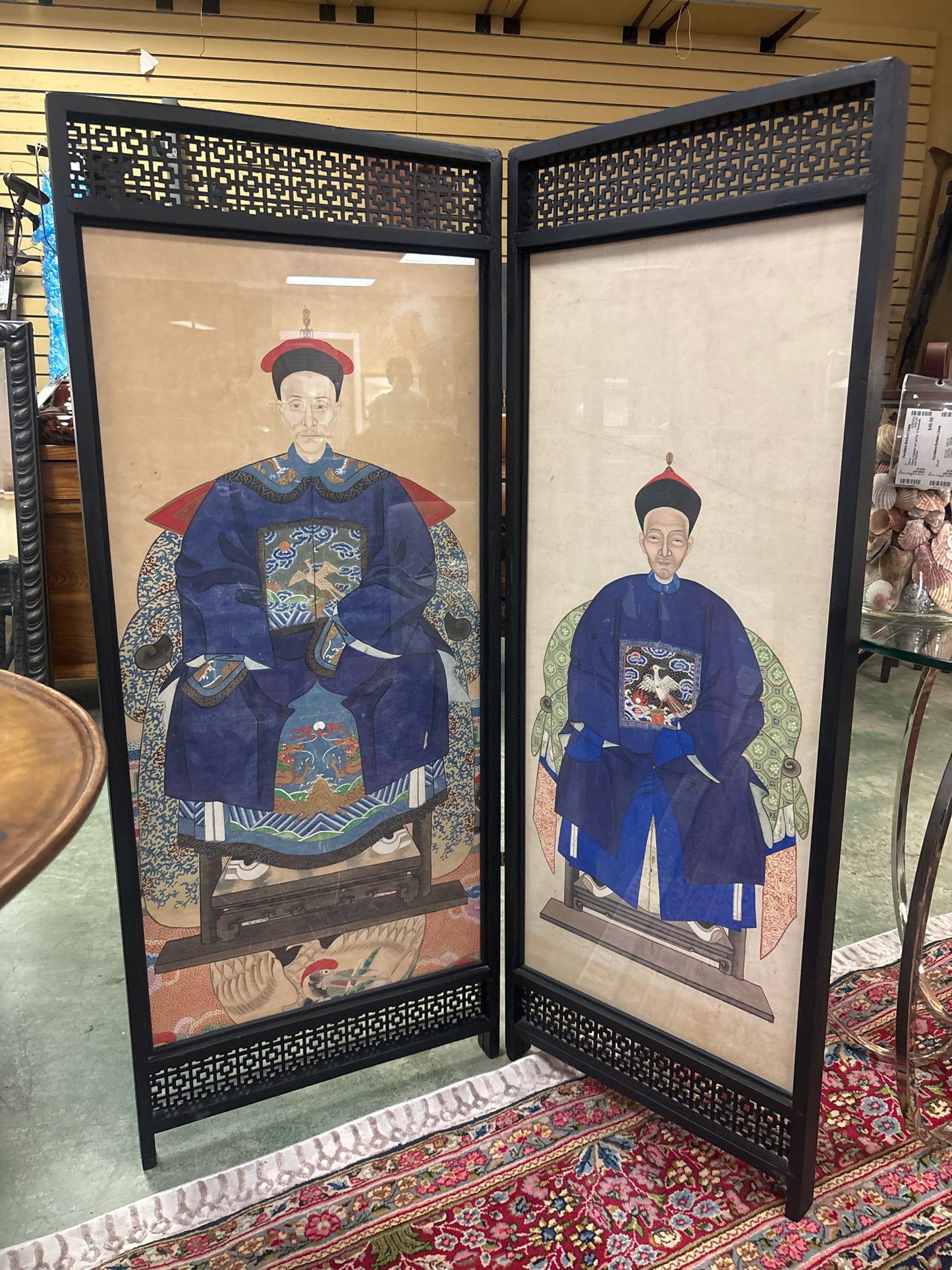 Chinese Qing Dynasty Ancestor Portrait 2 Panel Screen (48x35)