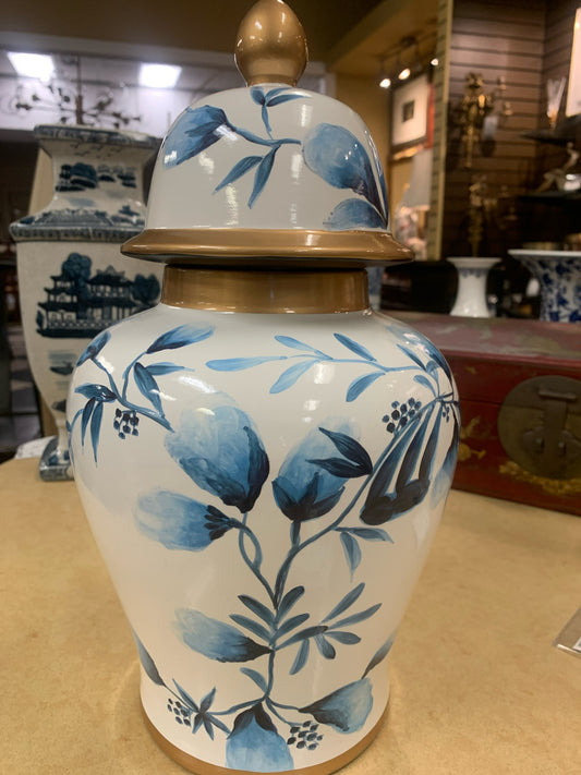 Lt Blue & White Ginger Jar w/ Bronze Trimmed Lid 14"