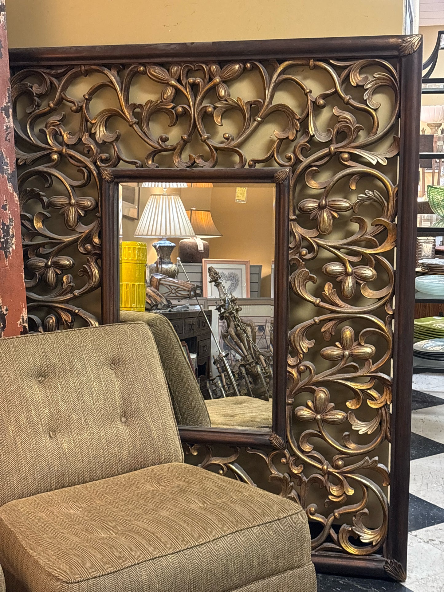 XL Wood Carved Brown/Gold Mirror