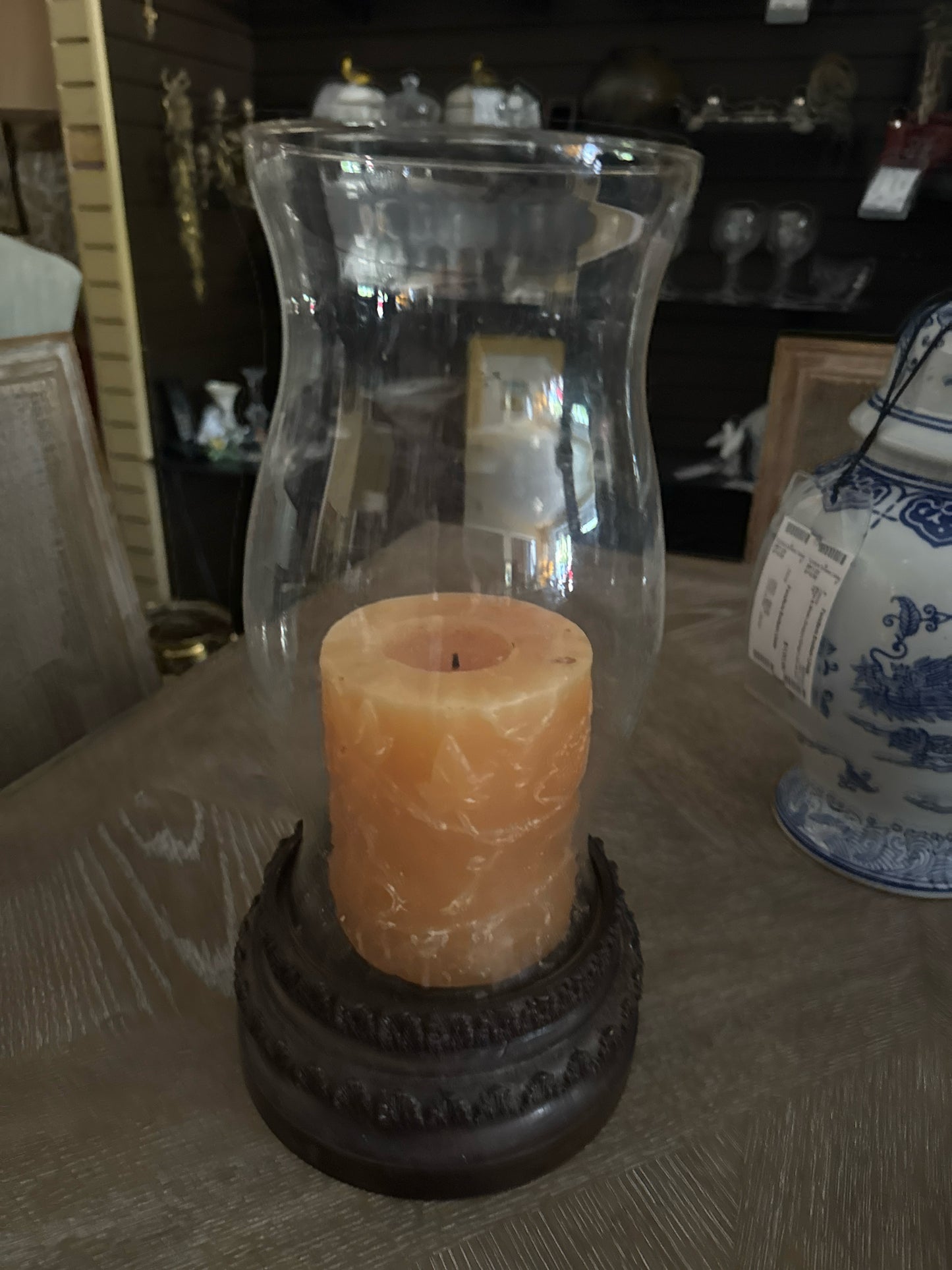 Maitland Smith Candler Holder w/Amber Candle/Glass Hurricane