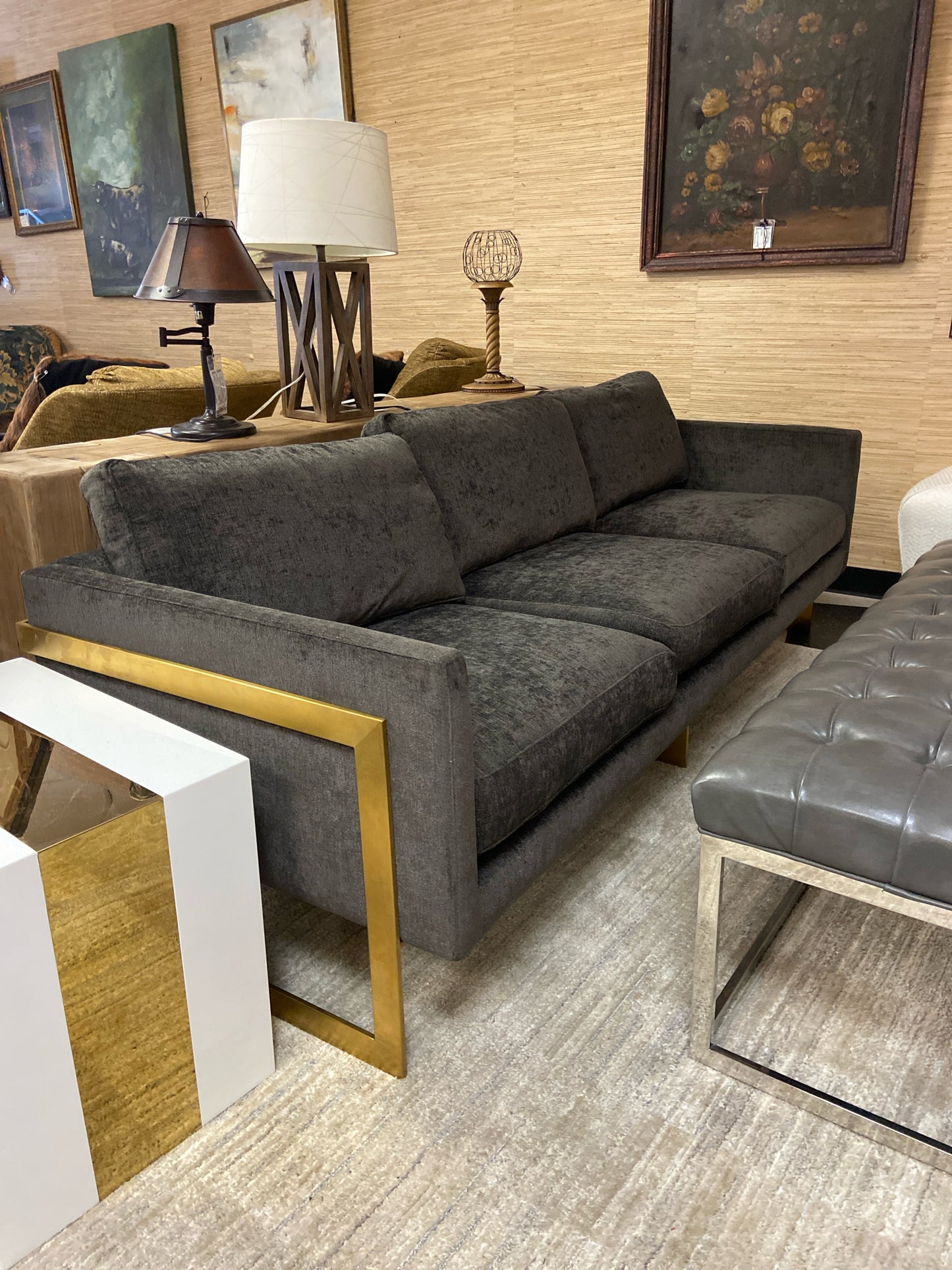 Grey 88" Sofa w/ Gold Base