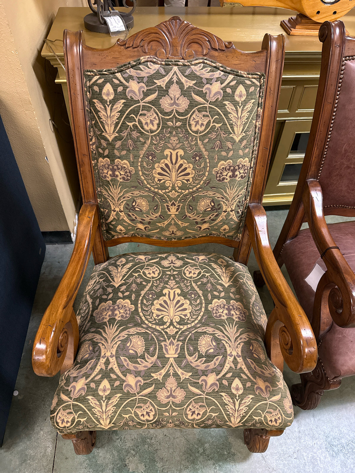 Tapestry Style Green/Tan Upholstered Carved Wood Arm Chair