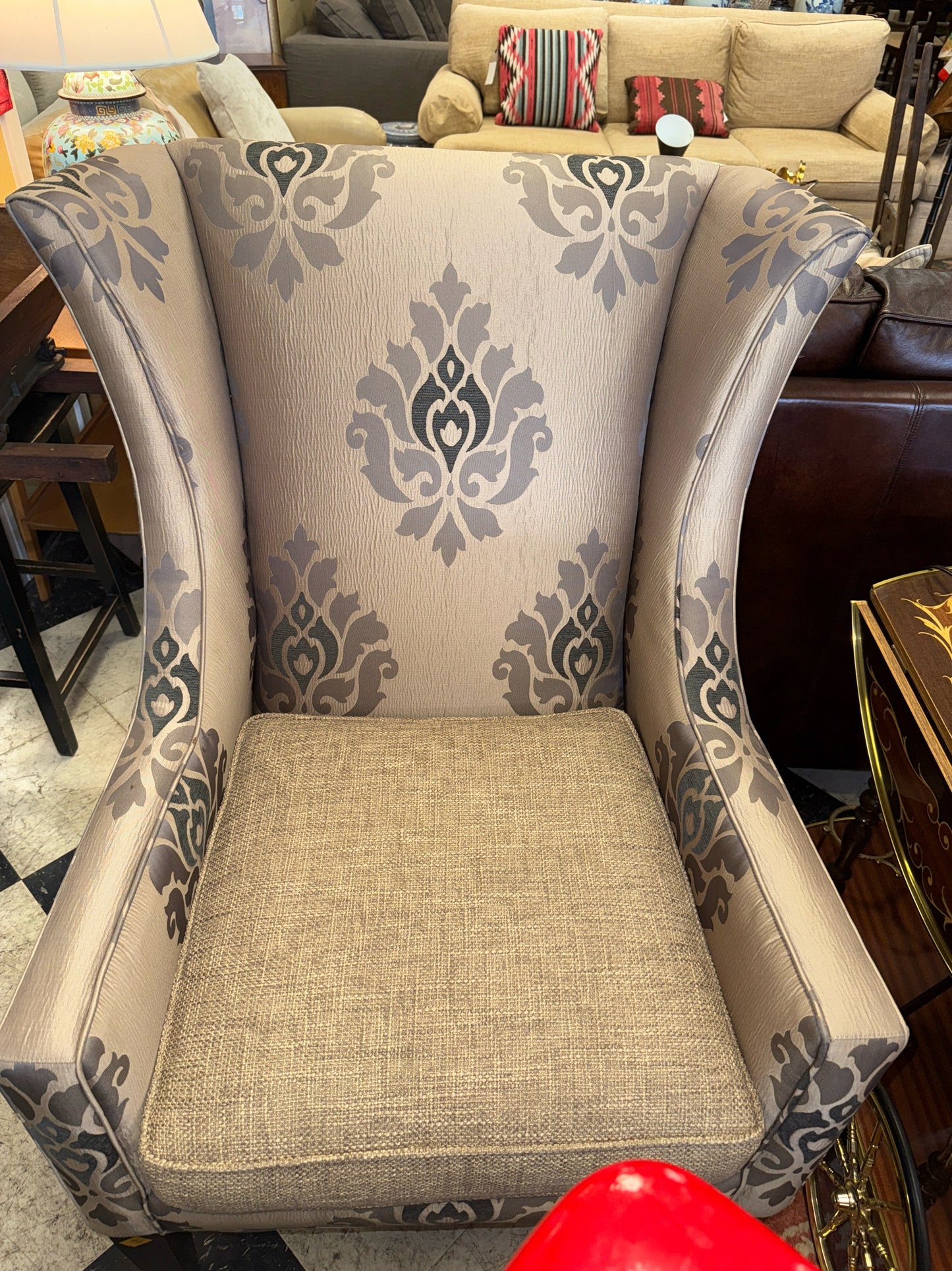 PAIR Sherrill Wingback Chairs-Gold w/ Tweed Seats