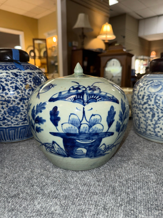 Blue and Off-White Ginger Jar Asian w/ Ceramic Lid
