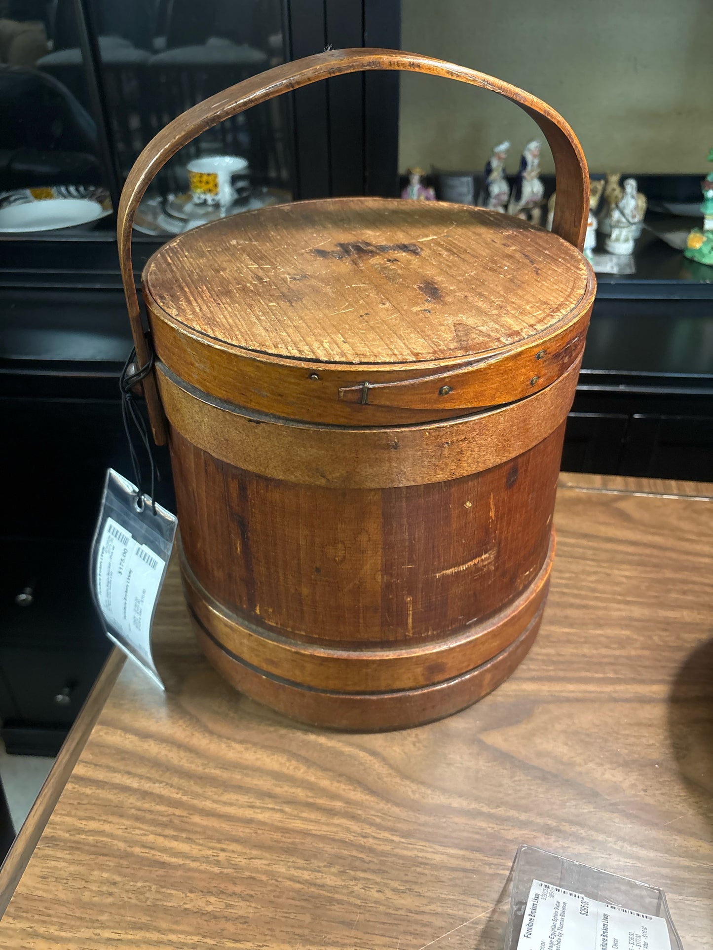 Antique Firkin Sugar Bucket - Oak w/ Lid ( See note inside Lid)