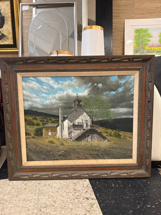 Original Signed Oil-Church on a Hill in Wooden Rustic Frame