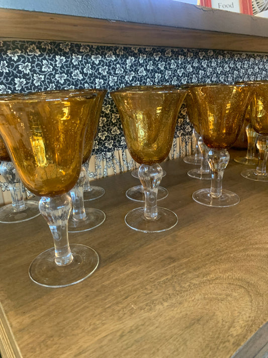 Set of 12 - Amber & Clear Hand-blown Bubble Glass Stem-ware