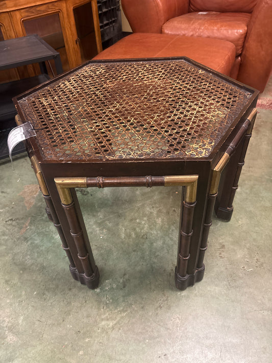 EA 27" Faux Bamboo & Cane Hexagon Side Table w/ Brass Accents