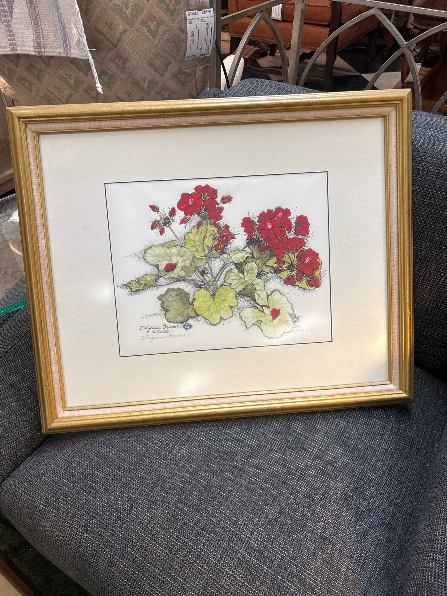 Signed Red Geraniums Watercolor in Gold Frame (22x19)