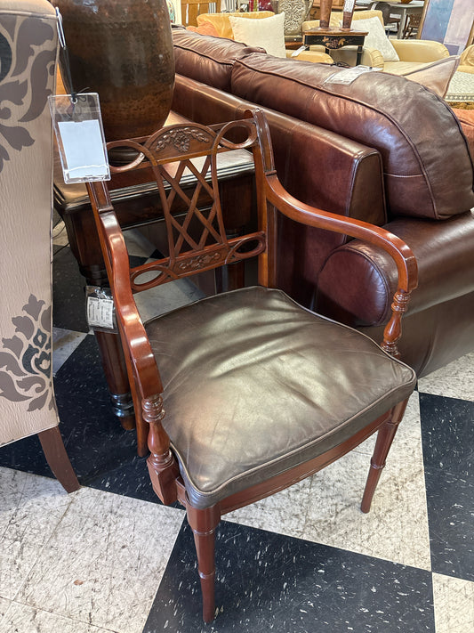 Wood Arm Chair w/ Cane Seat & Brown Leather Cushion