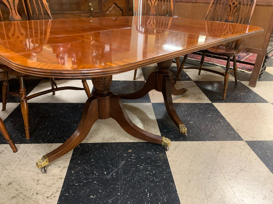 Maitland SmitInlaid Wood/Brass Claw Feet Double Pedl Dining Table w/2 Leaves