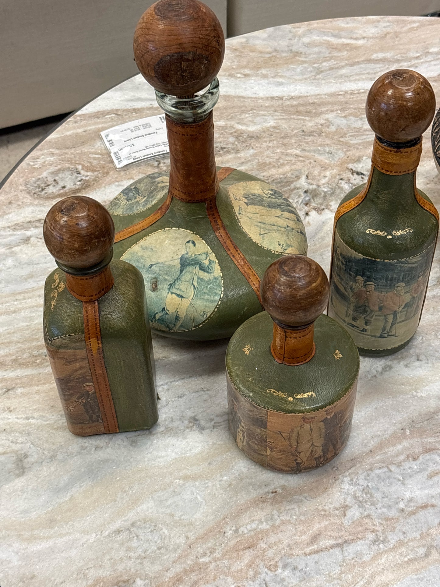 SET of 4 Italian Leather Decanters w/ Golf Theme