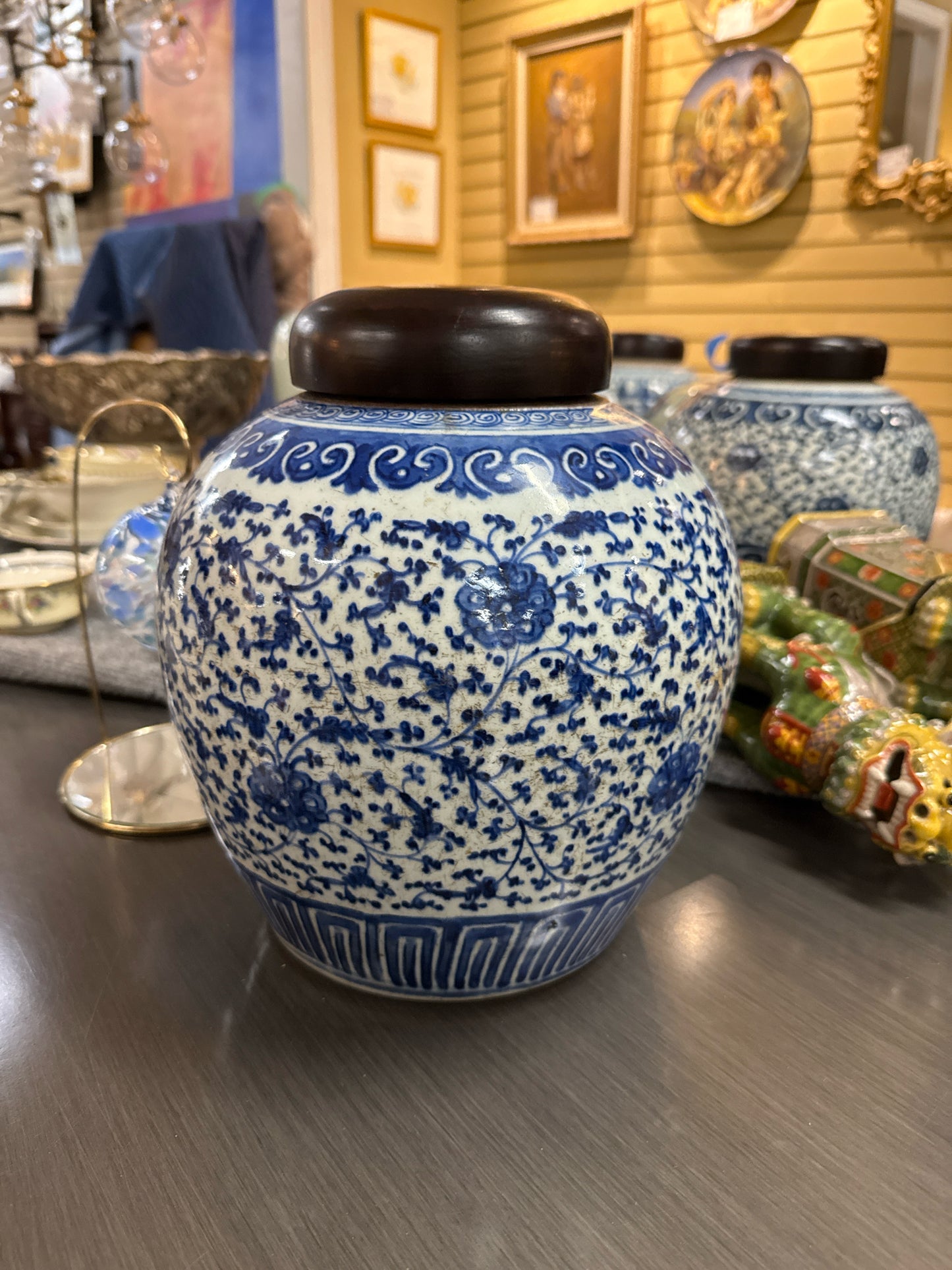 Blue & White Floral Ginger Jar w/Wooden Lid