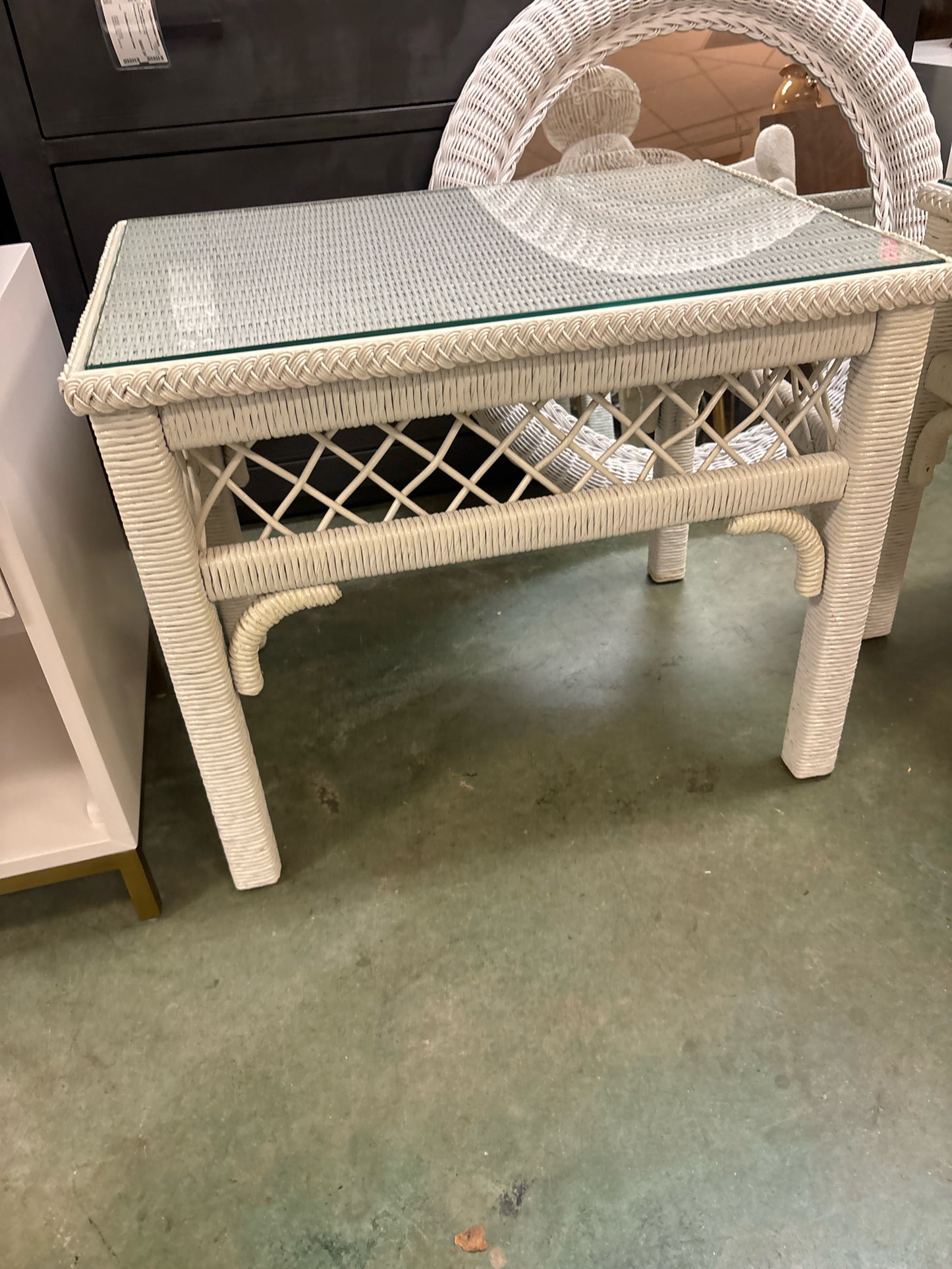 White Wicker Side Table w/ Glass Top