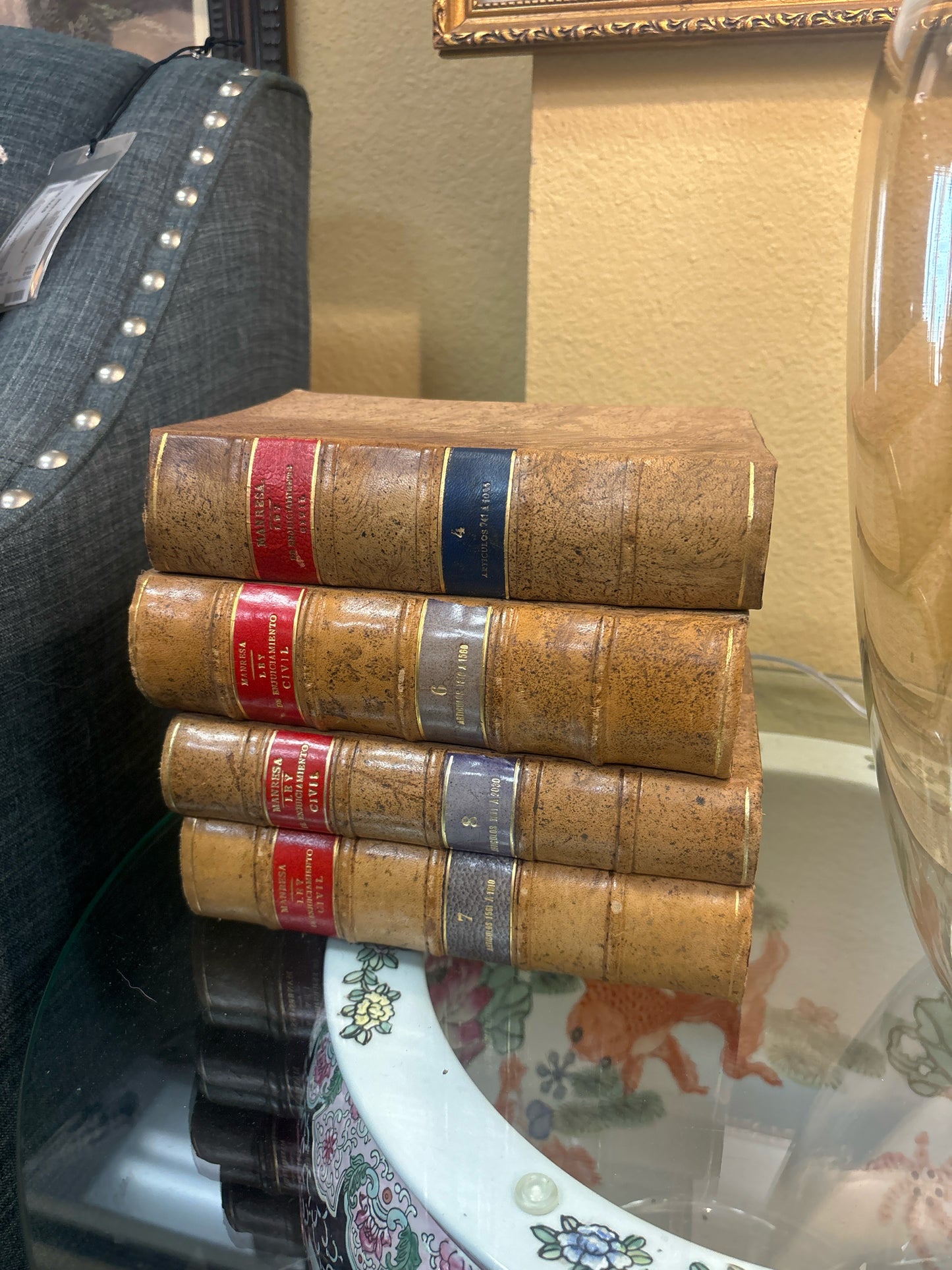 Antique Beige Leather Bound Spanish Books (Set of 4)