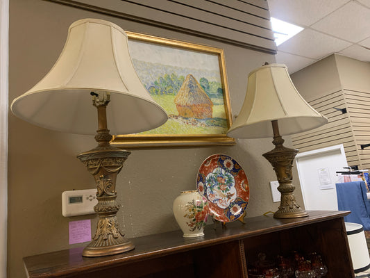 PAIR - Bronze Ornate Table Lamps w/ Gold Sade 27"