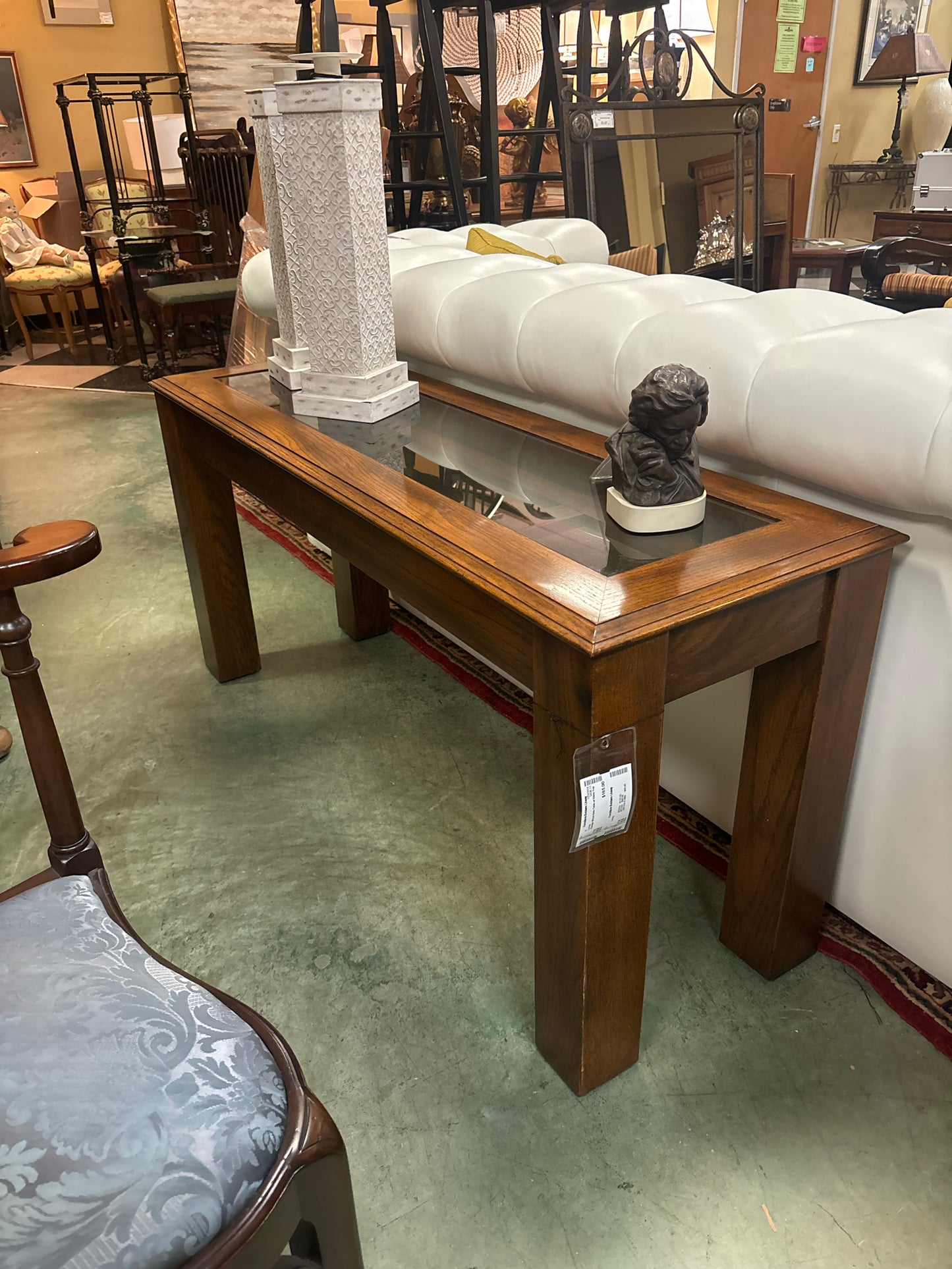 Vintage Wood Sofa Table w/ Glass Top