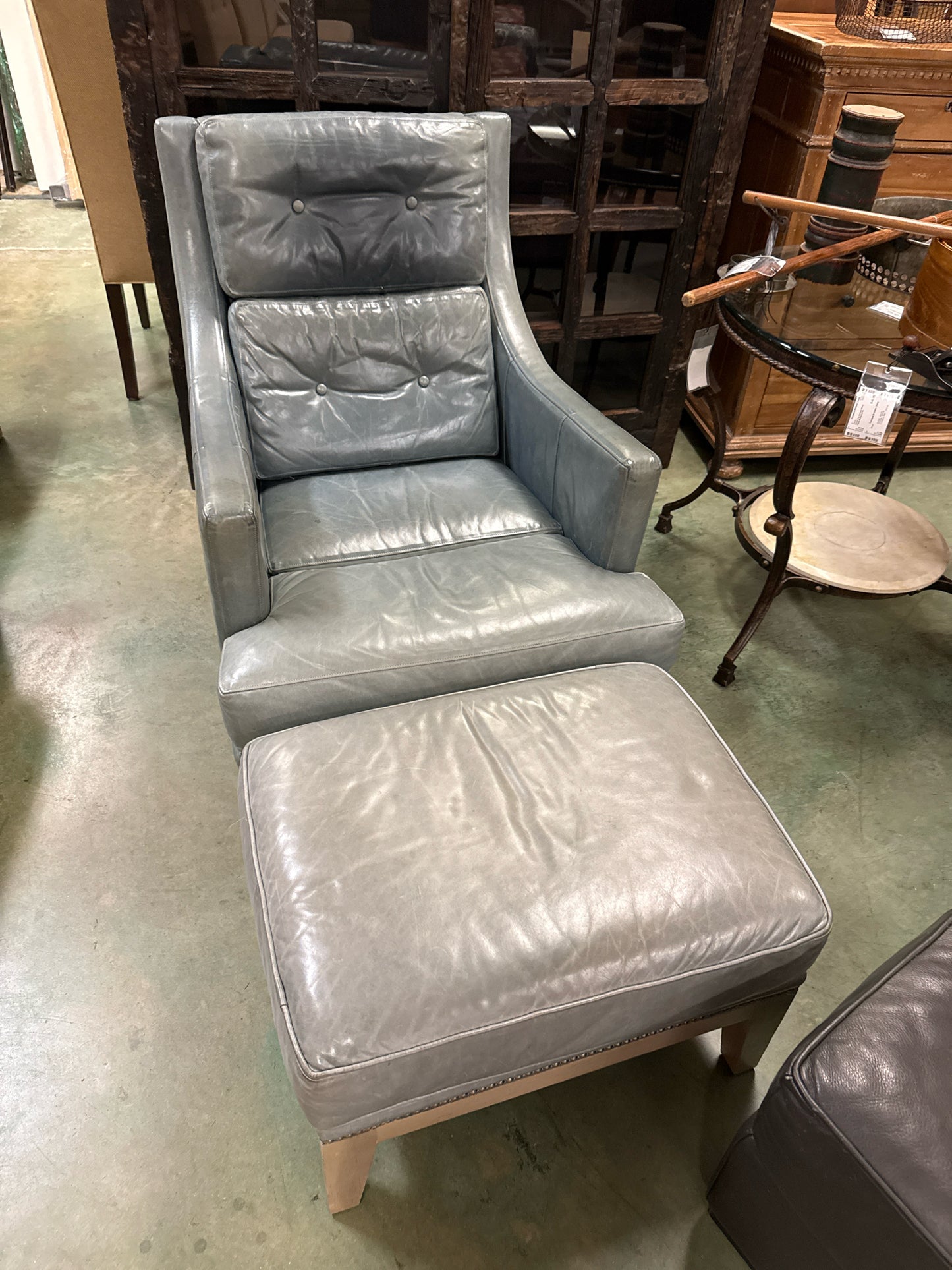 Whittemore-Sherrill Aqua Leather Chair w/Matching Ottoman