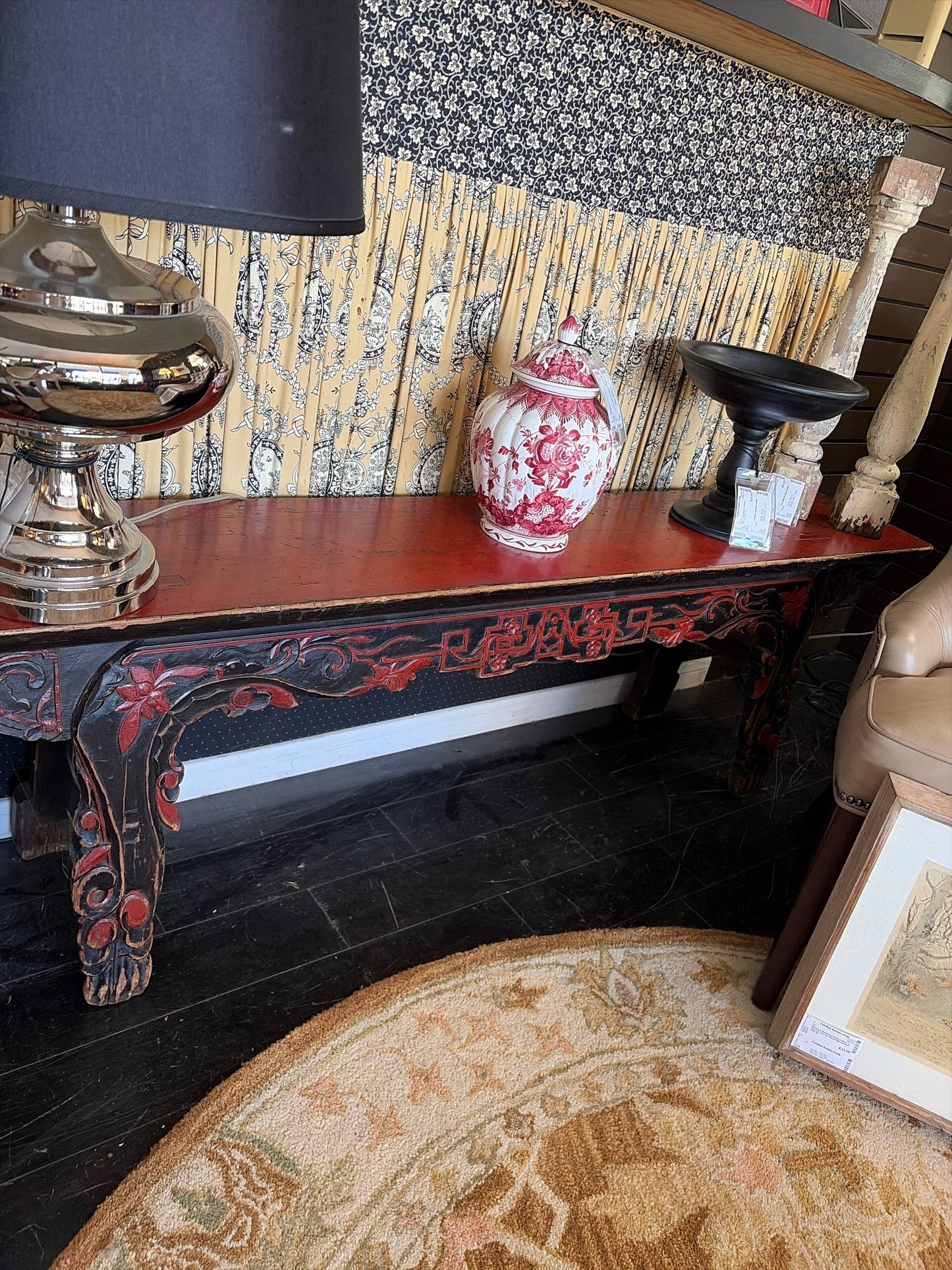 Hand Painted Red Asian Wood Bench (72.5"x 12"x 20.5")