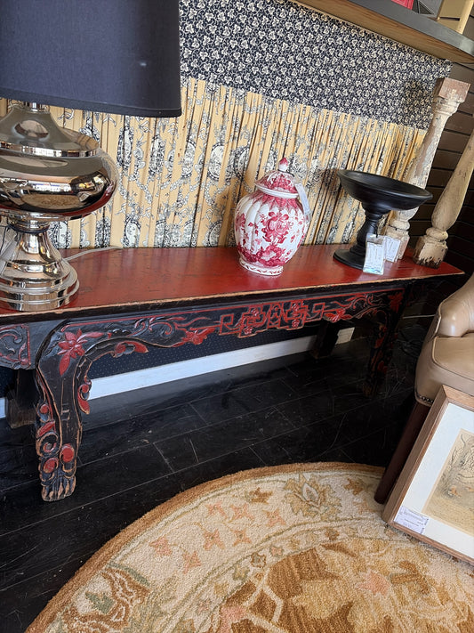 Hand Painted Red Asian Wood Bench (72.5"x 12"x 20.5")