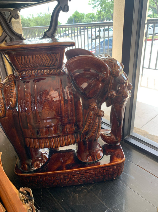 Vintage Glazed Brown Ceramic Elephant Stool/Stand