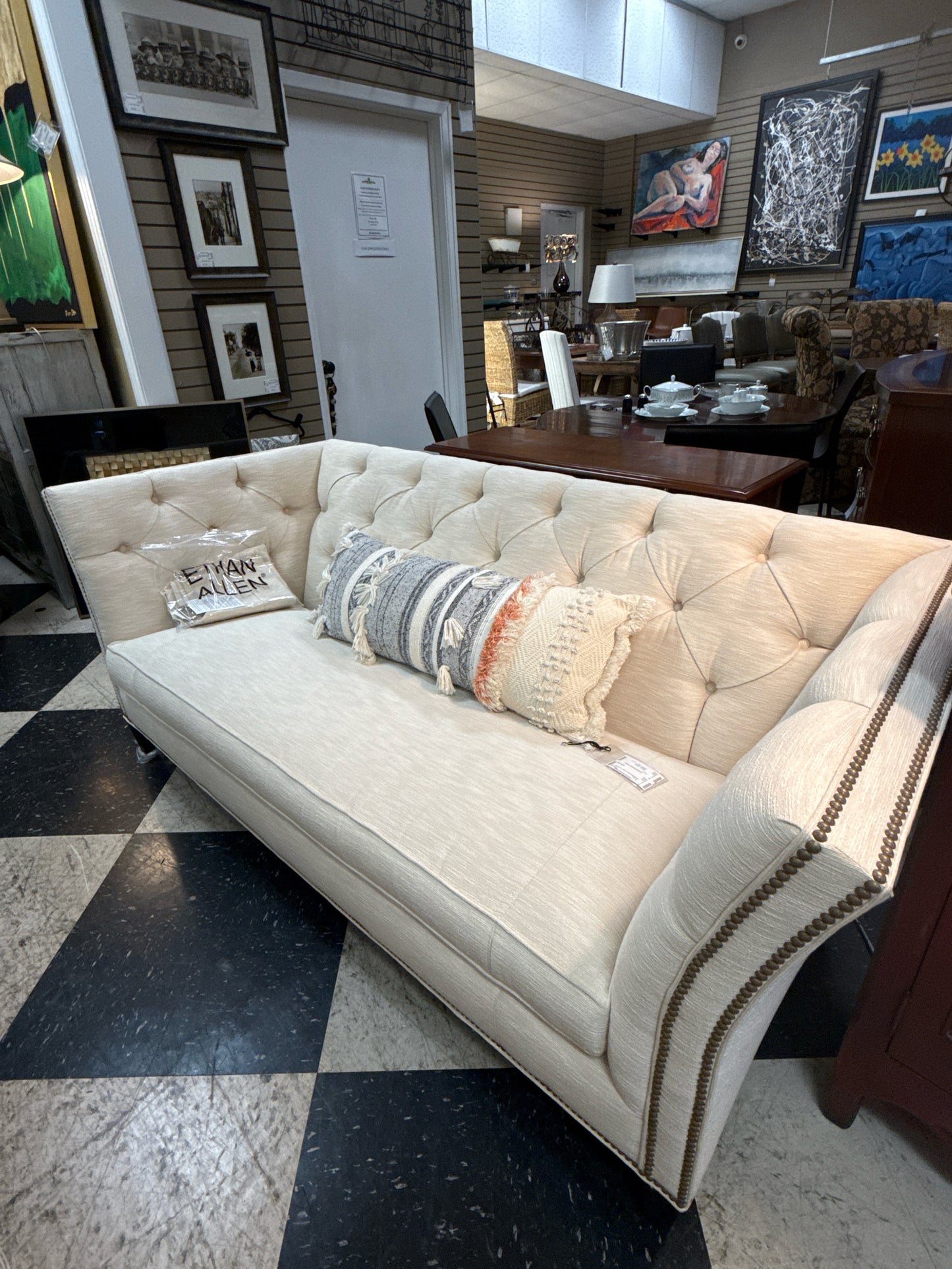 NEW Ethan Allen Shelton 1-Cushion Cream Tufted Sofa w/Nailhead 78"
