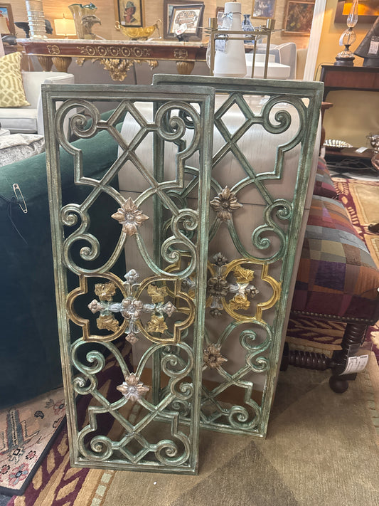PAIR Matched Vintage Metal Openwork Trellis Wall Panels w/Green Patina & Gold Ac