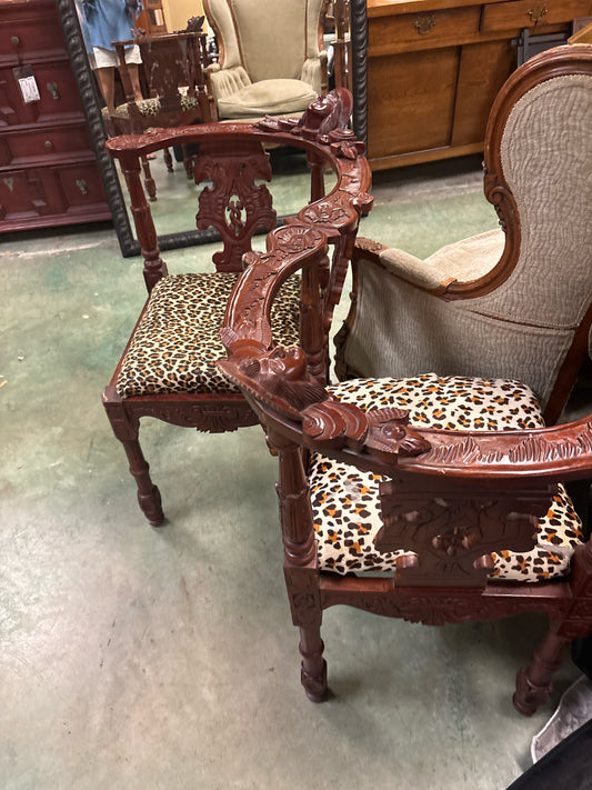 Victorian Carved Wooden Courting ( Tete-a-Tete) Chair w/ Leopard print